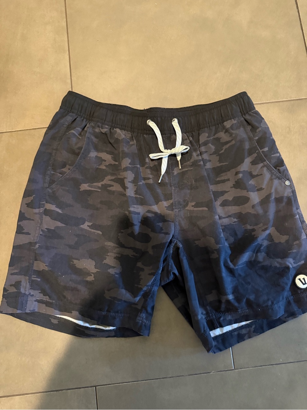 Vuori Navy Camo Swim Trunks with White Drawstring